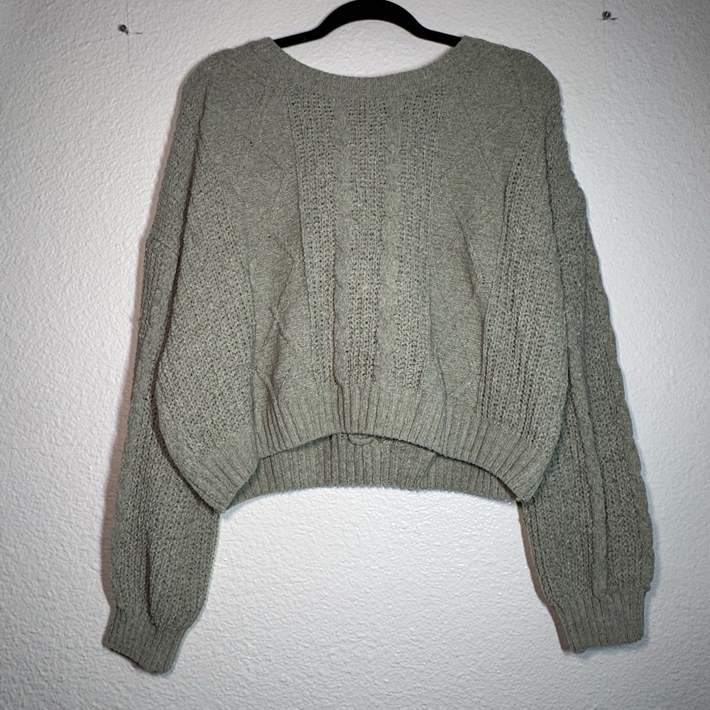 Pink Rose Sage Green Cable Knit Cropped Sweater